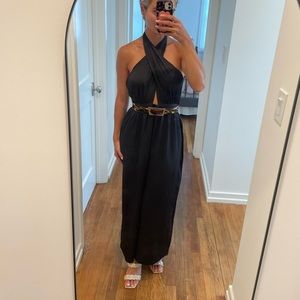 Black satin look halter backless jumpsuit